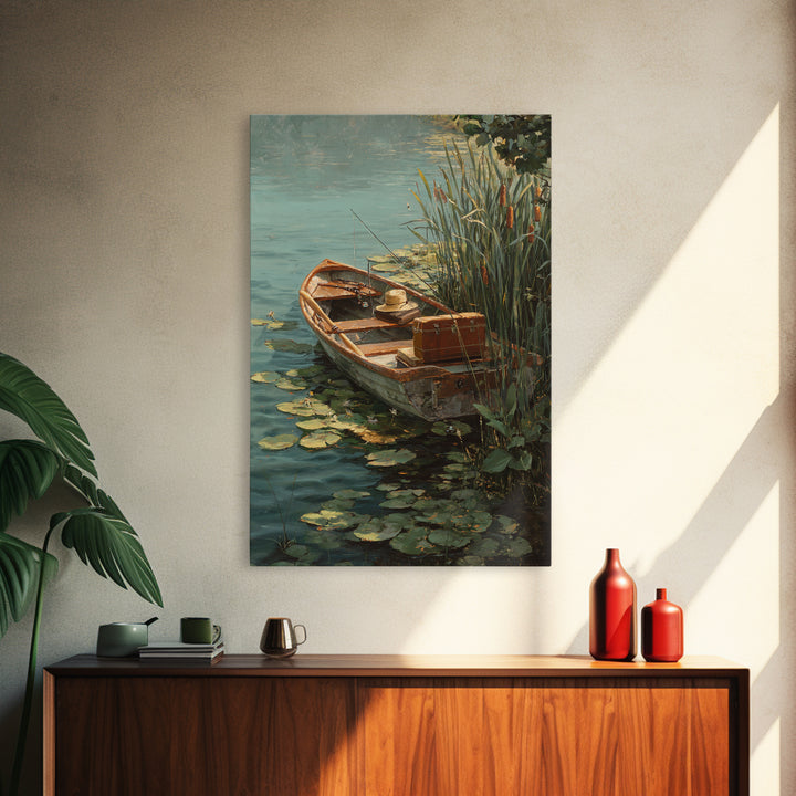 Cozy Contemporary Fishing Boat by Waterfall Original Oil Painting Wall Art Framed Canvas Print for Rustic Decor