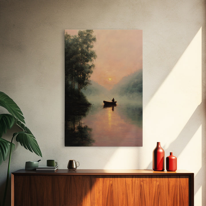 Peaceful Sunrise Lake Fisherman Landscape Oil Painting Large Wall Art Framed Canvas Print Rustic Decor