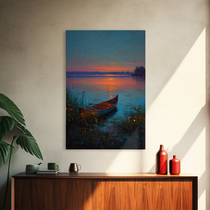 Serene Firefly Canoe Landscape At Twilight Oil Painting Large Wall Art Framed Canvas Print For Relaxing Home And Living Room