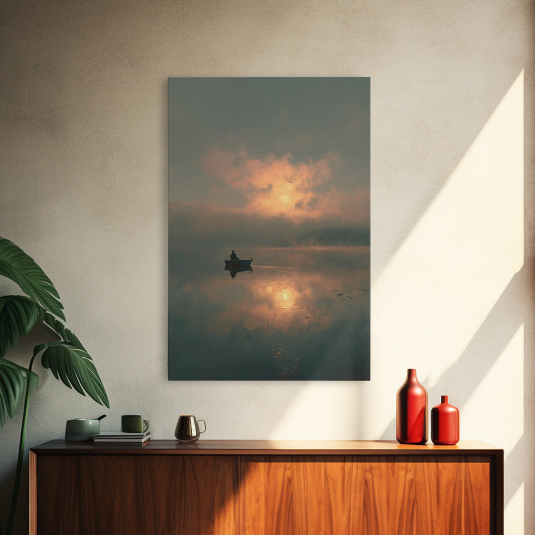 Peaceful Lone Fisherman At Sunset Canvas Print, Serene Lake Scene Wall Art, Tranquil Home Decor For Living Room