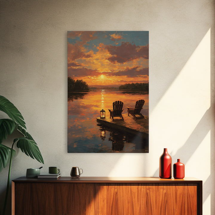 Warm Sunset Landscape Oil Painting With Adirondack Chairs And Reflection On Water Wall Art Framed Canvas Print