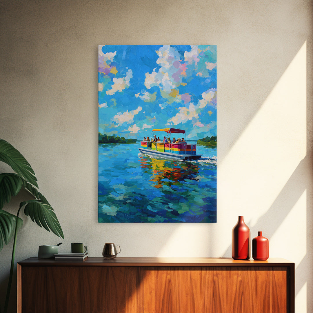 Vibrant Colorful Boat On Lake Under Blue Sky Bright Contemporary Painting Wall Art Framed Canvas Print