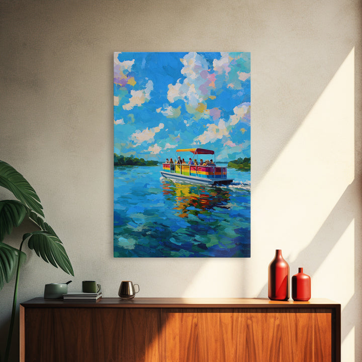 Vibrant Colorful Boat On Lake Under Blue Sky Bright Contemporary Painting Wall Art Framed Canvas Print