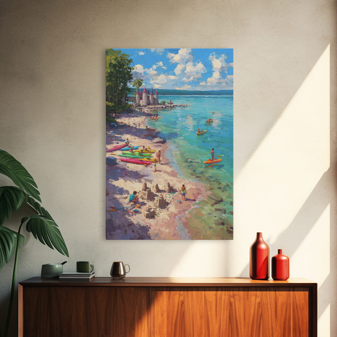 Impressionist Coastal Village Landscape Painting With Water And Boats Traditional Wall Art Large Framed Canvas Print