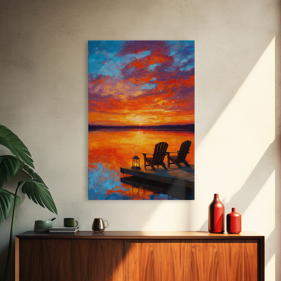 Warm Vibrant Sunset Lake Dock Scene Oil Painting Canvas Print Large Wall Art For Cozy Home Decor Living Room