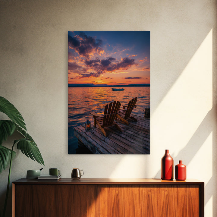 Serene Sunset Over Lake With Adirondack Chairs On Dock Classic Landscape Wall Art Canvas Print