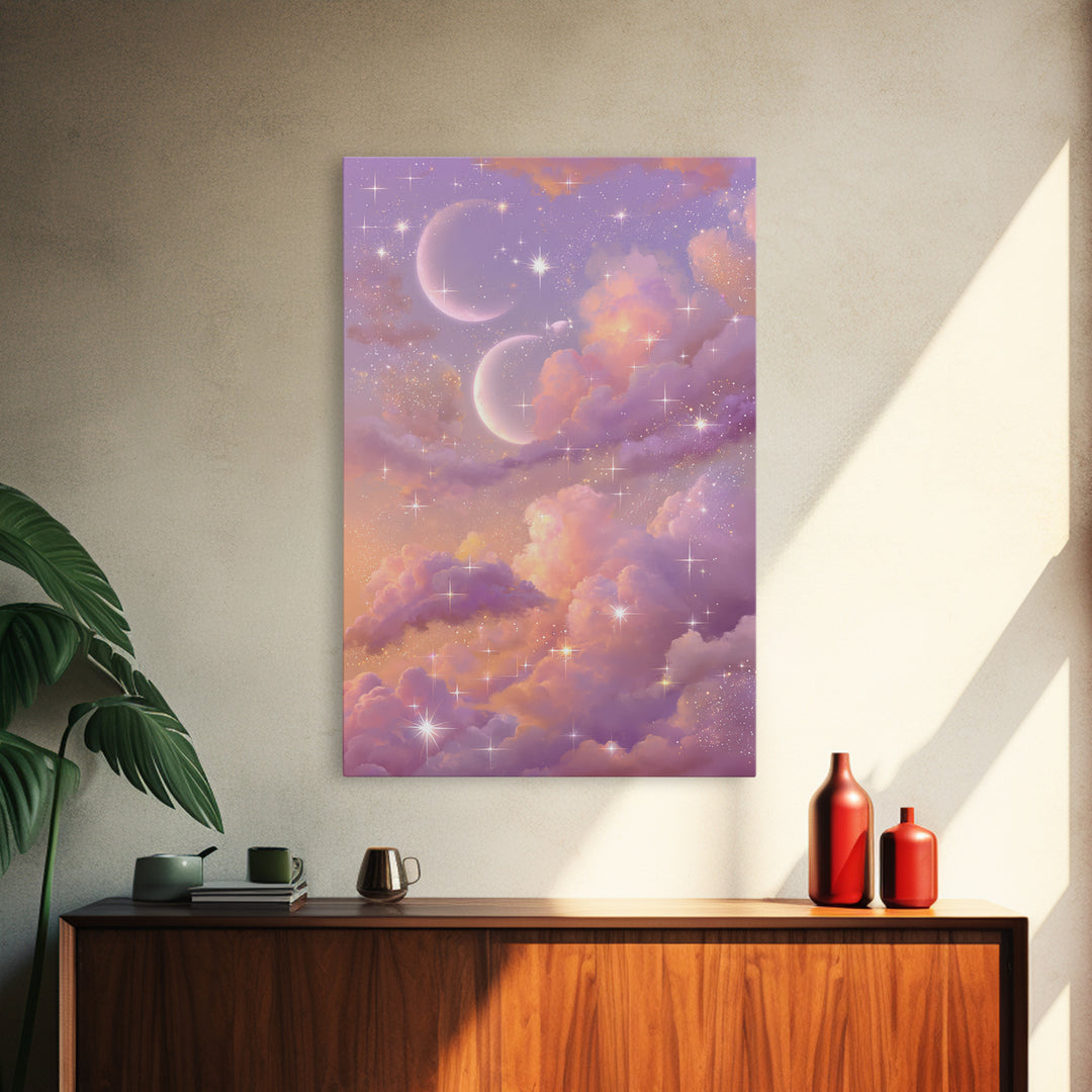 Pastel Moon And Star Cloud Canvas Print, Celestial Wall Art, Dreamy Nursery Decor, Whimsical Bedroom Decor, Gift For Her