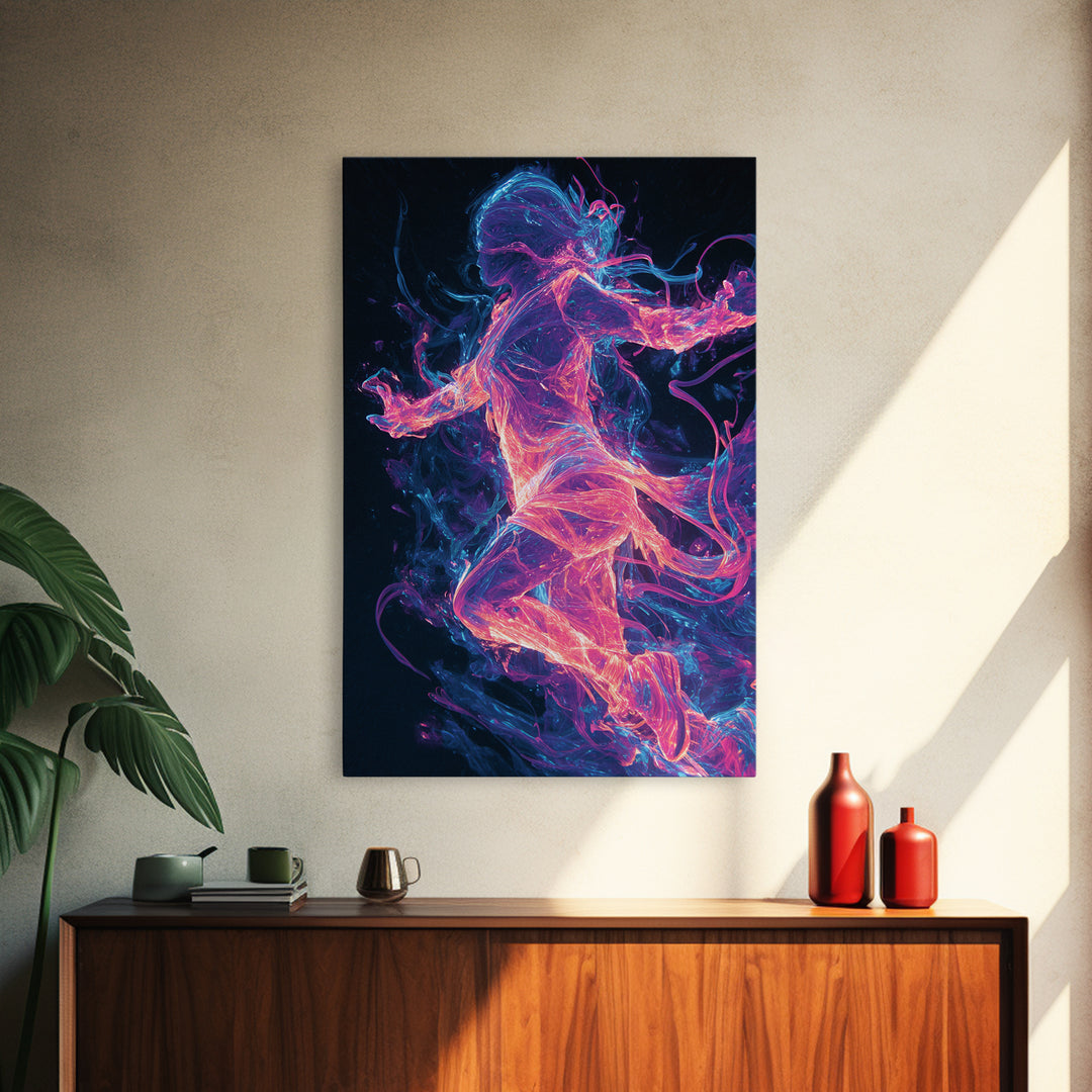 Neon Energy Dancer Framed Canvas Print, Abstract Figurative Art, Cyberpunk Decor, Vibrant Wall Art, Gift For Her, Modern Living Room Decor