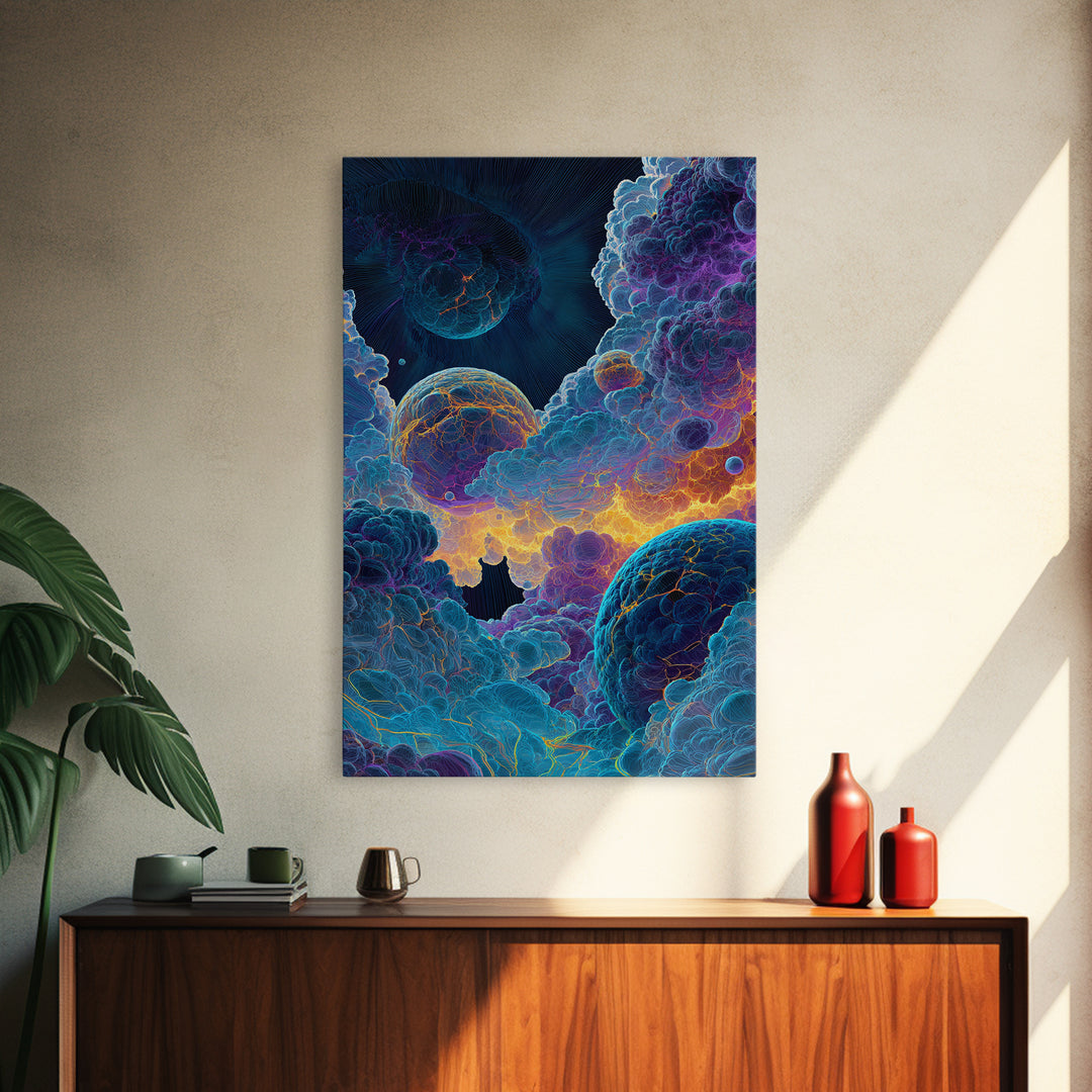 Surreal Cosmic Planets In Storm Clouds Wall Art, Psychedelic Space Print, Celestial Fantasy Home Decor, Moody Bedroom Gift