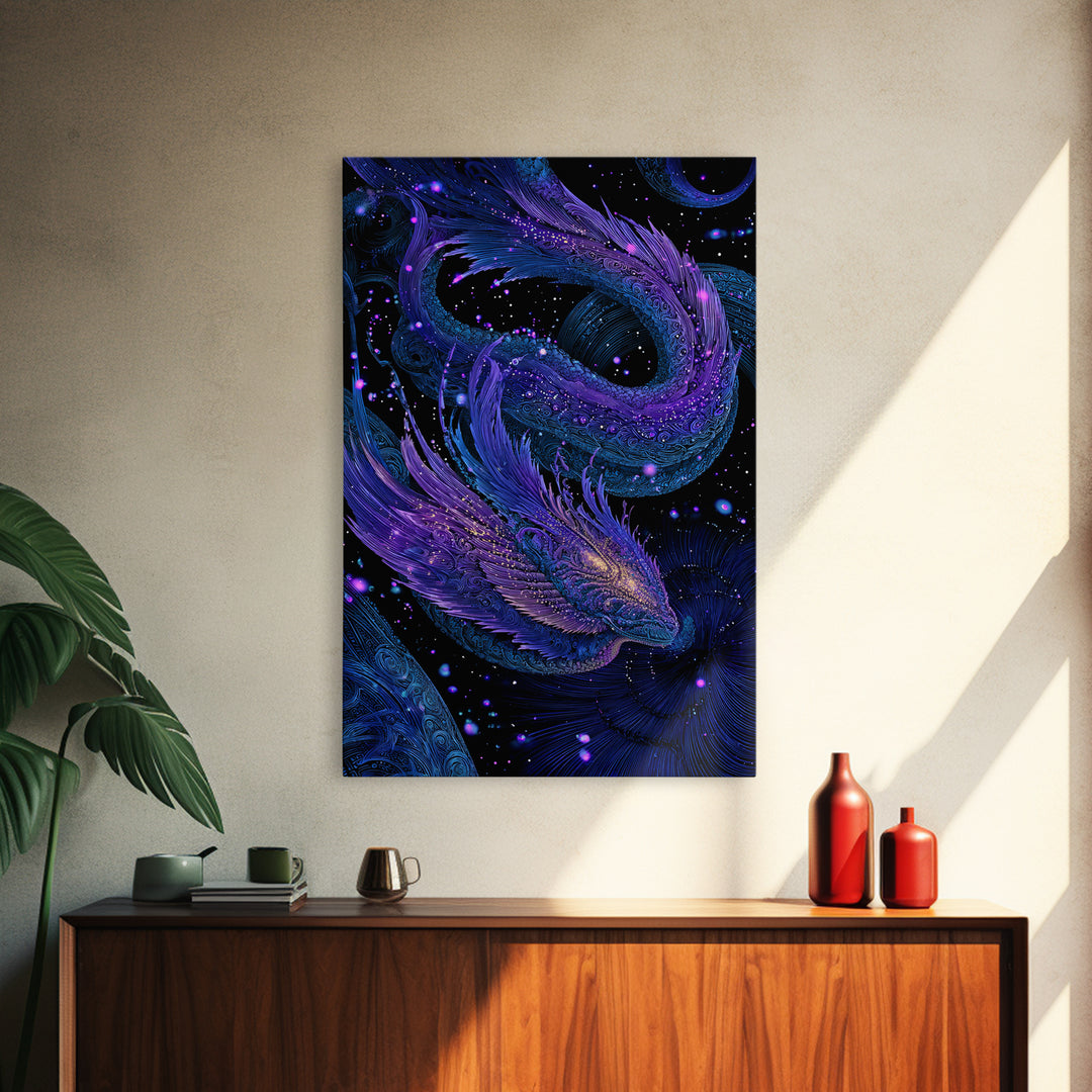 Celestial Twin Dragon Canvas Print, Purple Blue Fantasy Art, Mythical Space Wall Decor For Gamer Room And Unique Gift Idea