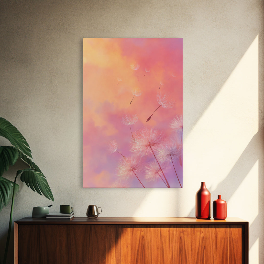 Floating Dandelion Seeds At Sunset Canvas Print, Pink Orange Wall Art For Bedroom Decor, Dreamy Feminine Nursery Art Gift