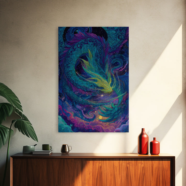 Cosmic Teal Dragon Wall Art, Fantasy Serpent Painting, Celestial Decor, Mystical Canvas, Unique Gift For Fantasy Lovers Decor