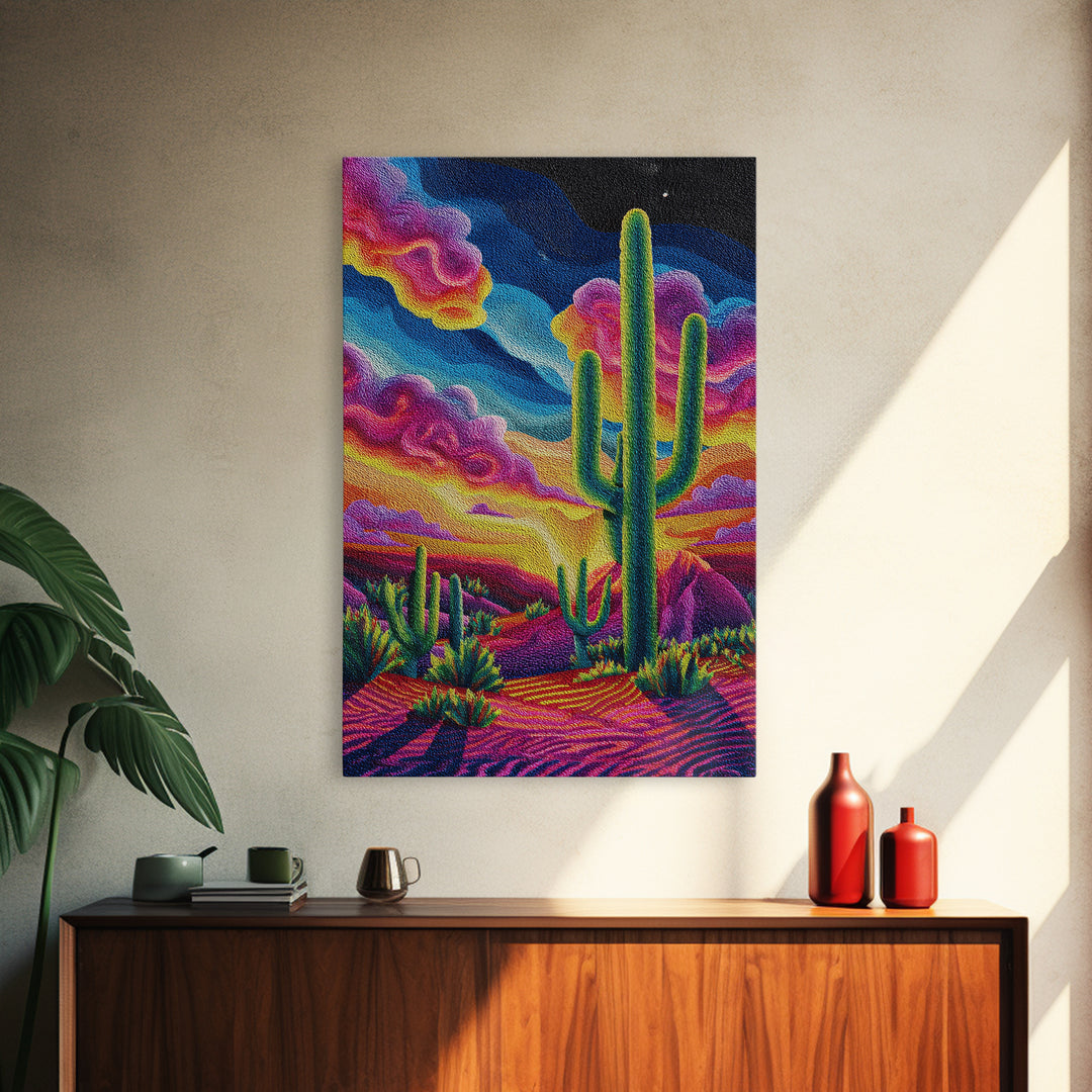 Vibrant Desert Landscape Painting With Cactus And Colorful Sunset Sky Wall Art Modern Home Decor Canvas Print