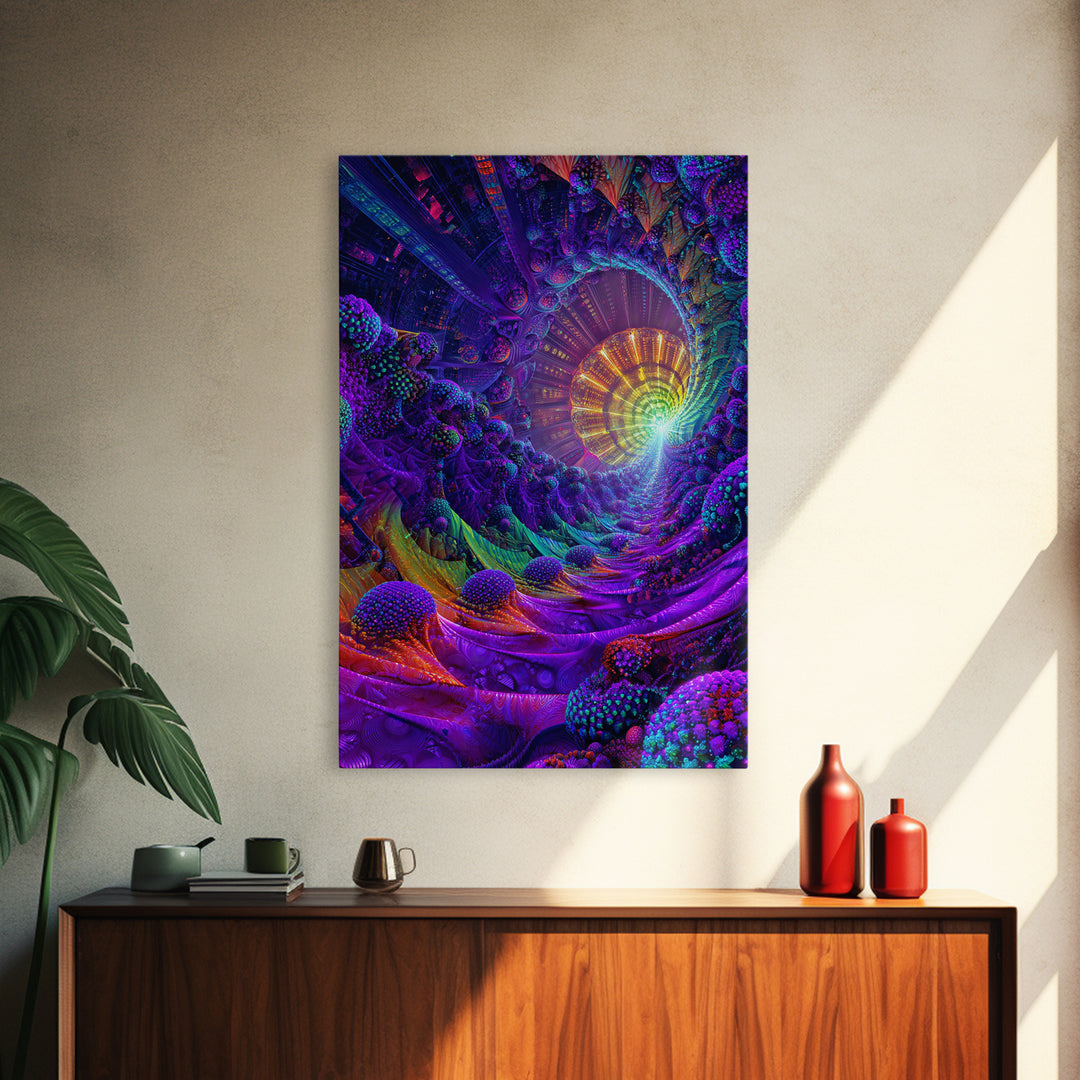Neon Fractal Spiral Tunnel Canvas Print, Psychedelic Abstract Wall Art, Vibrant Futuristic Decor, Statement Artwork Gift