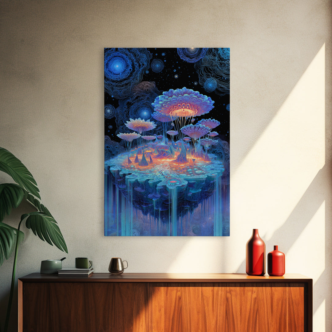 Bioluminescent Mushroom Island Framed Canvas Print, Fantasy Landscape Wall Art, Psychedelic Decor, Whimsical Nature Art