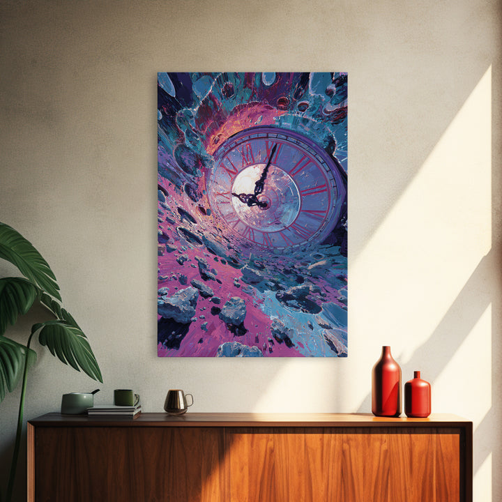Surreal Clock Vortex In Cosmic Ruins, Time Fantasy Wall Art, Psychedelic Canvas Print, Celestial Decor, Statement Artwork