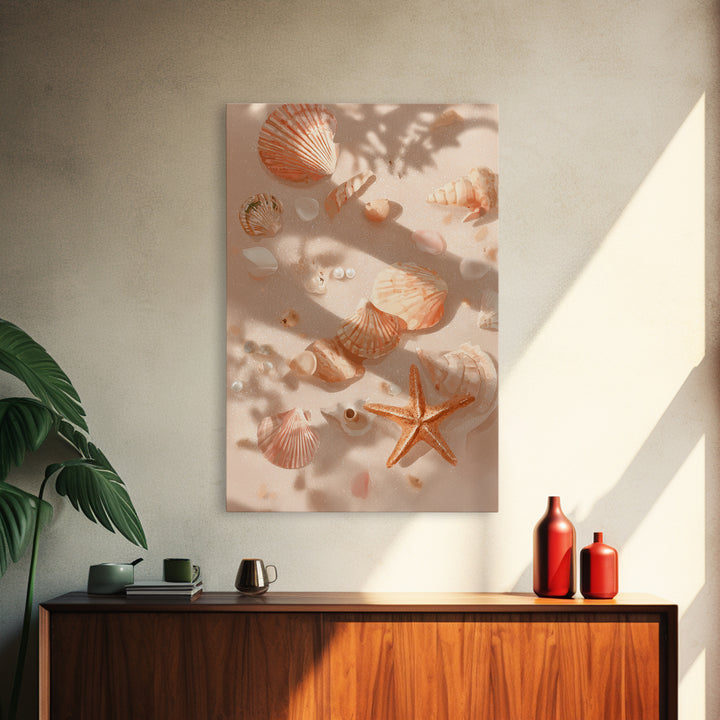 Sunlit Seashells And Starfish Framed Canvas Print, Coastal Wall Art For Beach House Decor, Nautical Bathroom Wall Decor Gift