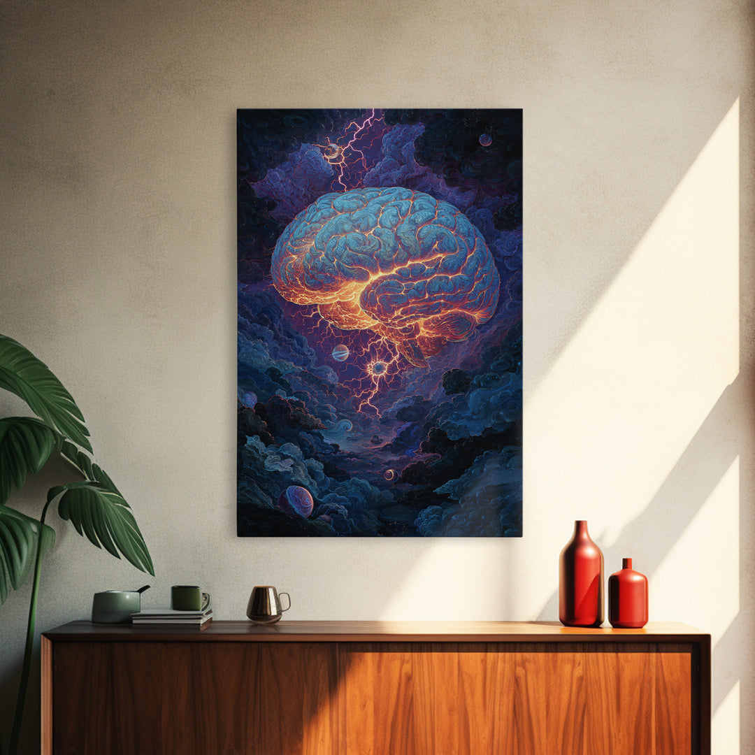 Glowing Storm Brain Wall Art, Neuroscience Anatomy Canvas Print, Dark Academia Medical Office Decor, Psychology Gift For Doctor