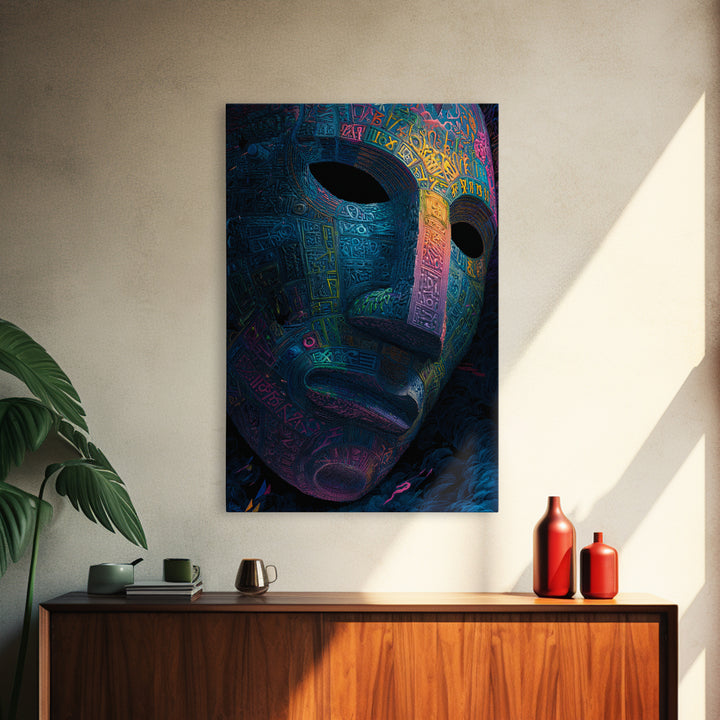 Neon Ancient Mask Portrait Wall Art, Dark Surreal Art Print, Psychedelic Gothic Decor, Futuristic Statement Artwork Gift