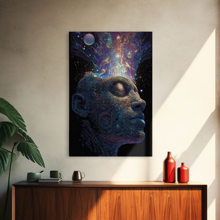 Cosmic Mind Portrait Framed Canvas Print, Psychedelic Space Wall Art, Visionary Consciousness Decor, Spiritual Gift For Him