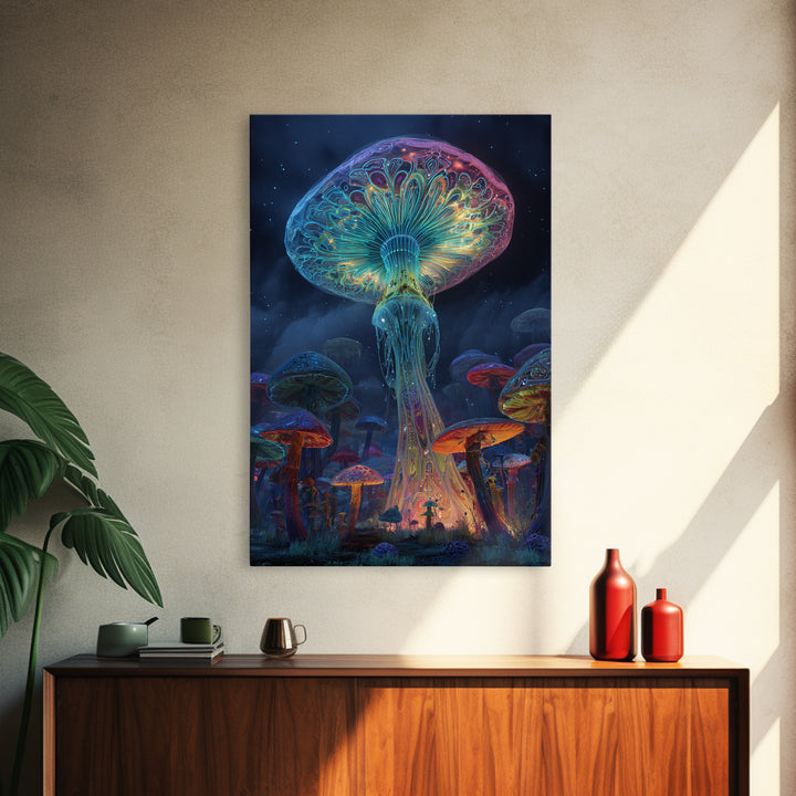 Vibrant Neon Mushroom Fantasy Landscape Canvas Print With Glowing Magical Fungi In A Mystical Night Forest Wall Art