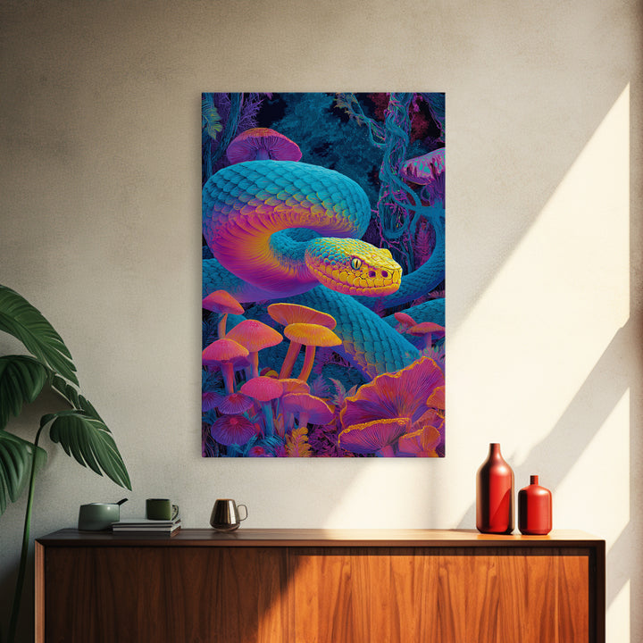 Vibrant Psychedelic Snake and Mushroom Art Wall Art Canvas Print Colorful Modern Wall Decor