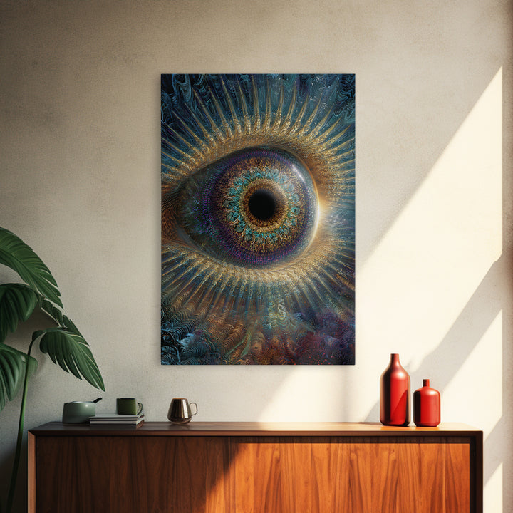 Surreal Cosmic Eye Wall Art, Mystical Iris Framed Canvas Print, Spiritual Vision Office Decor, Statement Artwork Gift For Him