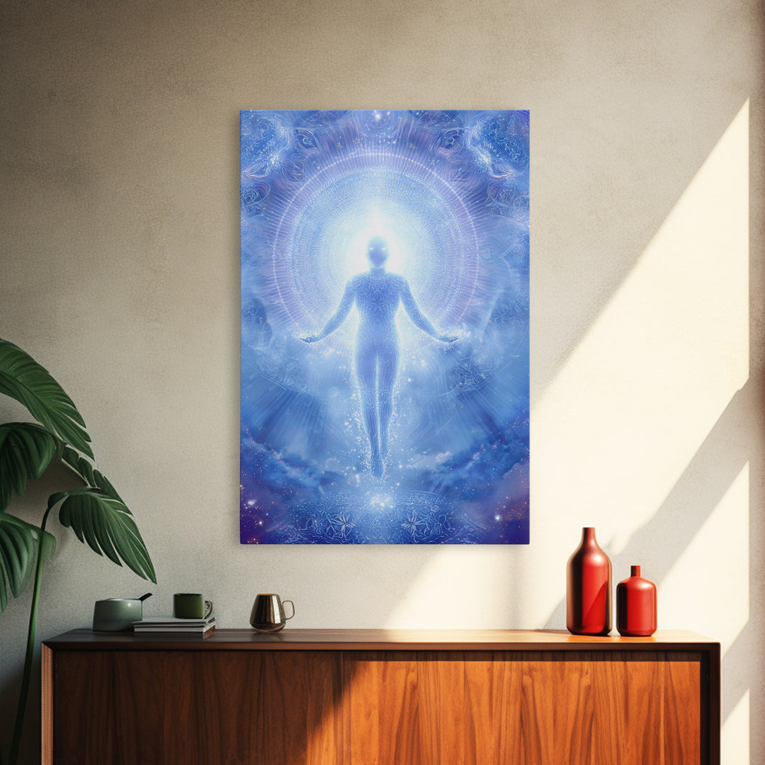 Ethereal Ascending Figure Amid Glowing Light Spiritual Art Print Contemporary Wall Art Canvas Print