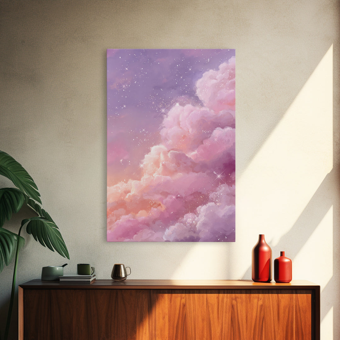Sparkling Pink Clouds Under Starry Sky Canvas Print, Celestial Wall Art For Dreamy Bedroom Decor And Whimsical Nursery Decor