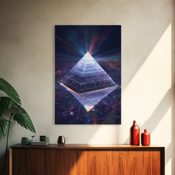 Glowing Crystal Pyramid Framed Canvas Print, Celestial Space Wall Art, Sacred Geometry Decor For Modern Home And Office Decor