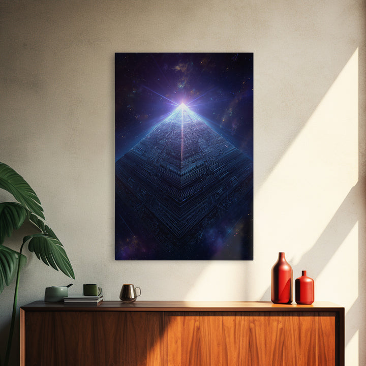 Luminous Cosmic Pyramid In Starry Space Wall Art, Geometric Sci Fi Art Print, Futuristic Decor, Mystical Statement Wall Art