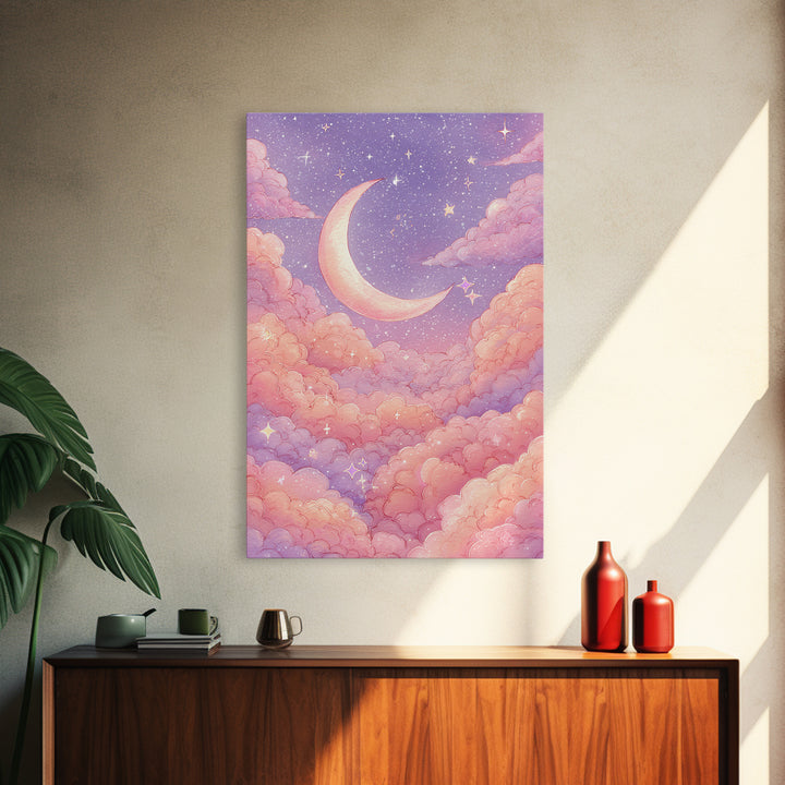 Pastel Crescent Moon In Pink Clouds Wall Art, Celestial Nursery Art, Dreamy Moon And Stars Decor For Bedroom Wall Decor Gift