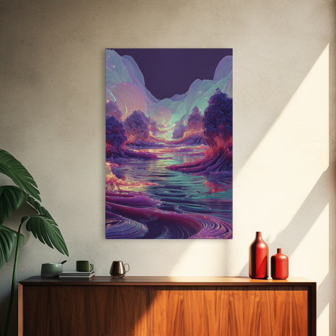 Iridescent Fantasy River Wall Art, Dreamy Alien Landscape Canvas, Colorful Nature Decor, Surreal Bedroom Art Print Gift Idea