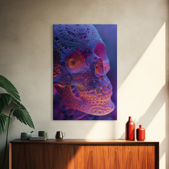 Ornate Lace Skull Wall Art, Gothic Surreal Portrait, Dark Academia Decor, Halloween Canvas Art, Moody Bathroom Wall Decor