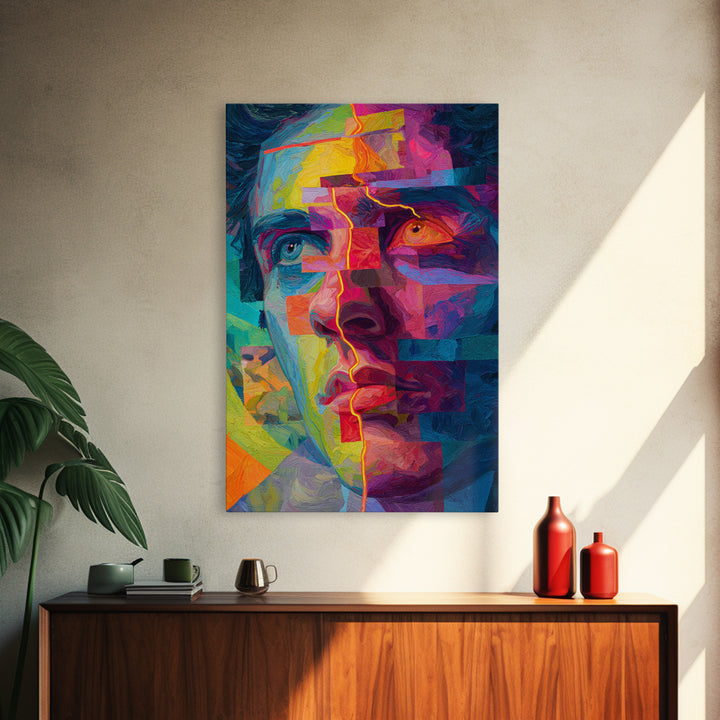 Colorful Abstract Portrait With Bold Brushstrokes And Geometric Lines Wall Art Framed Canvas Print For Modern Art Lovers