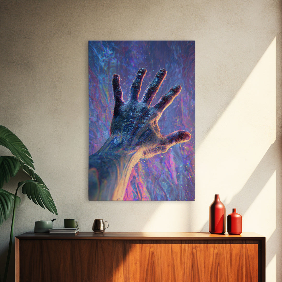 Glowing Reaching Hand Canvas Print, Surreal Human Figure Wall Art, Spiritual Energy Decor, Abstract Psychedelic Gift Idea
