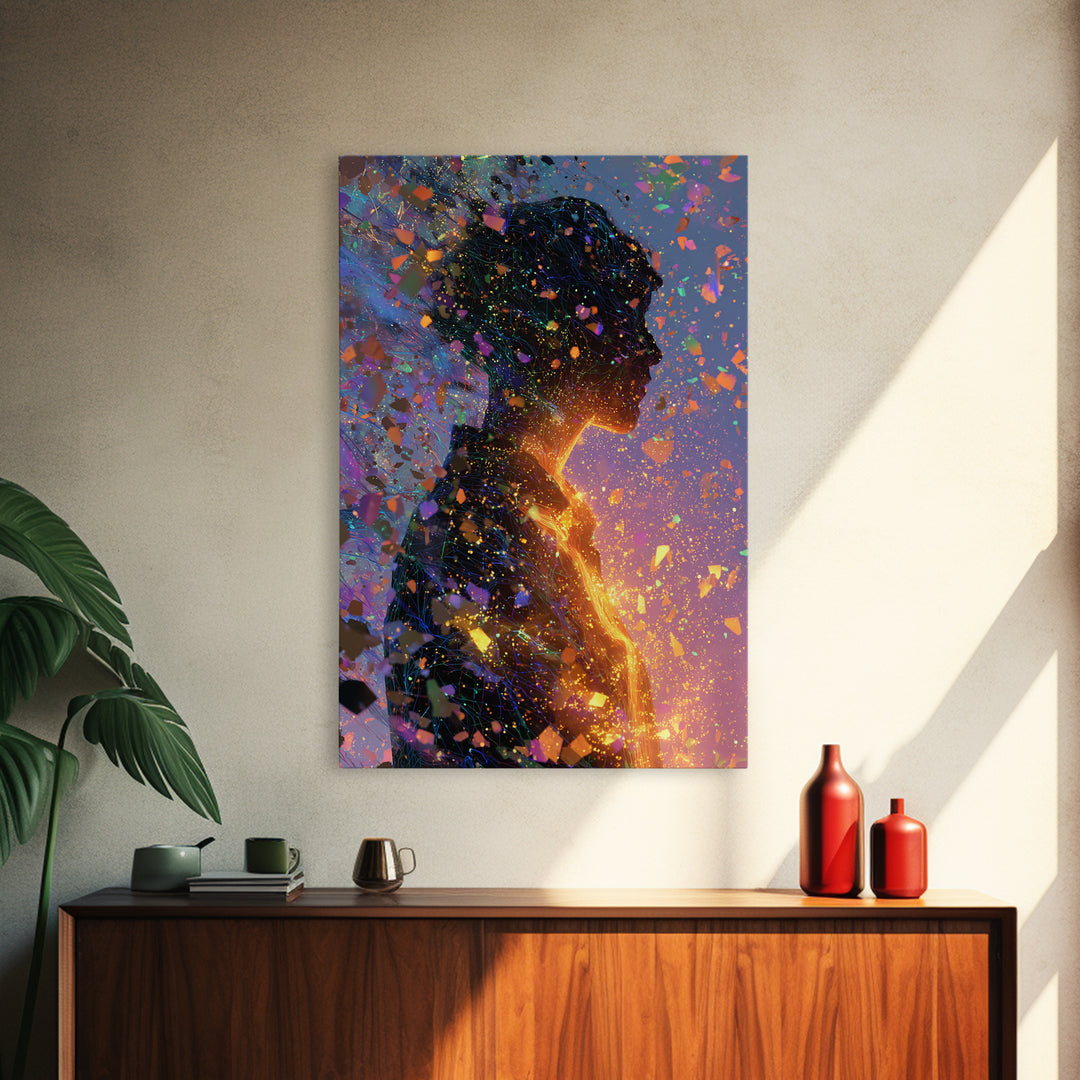 Glowing Woman Silhouette With Confetti Wall Art, Abstract Figurative Art Print, Feminine Wall Art, Colorful Modern Decor