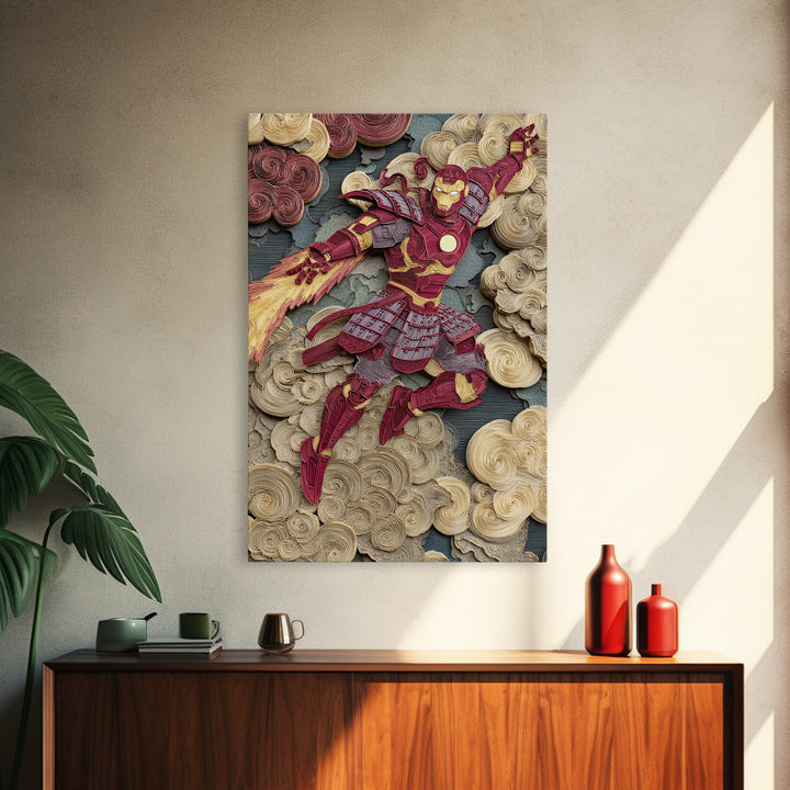 Red Gold Armored Samurai Hero Canvas Print, Futuristic Sci Fi Wall Art For Gaming Room Decor And Bold Geek Home Decor Gift