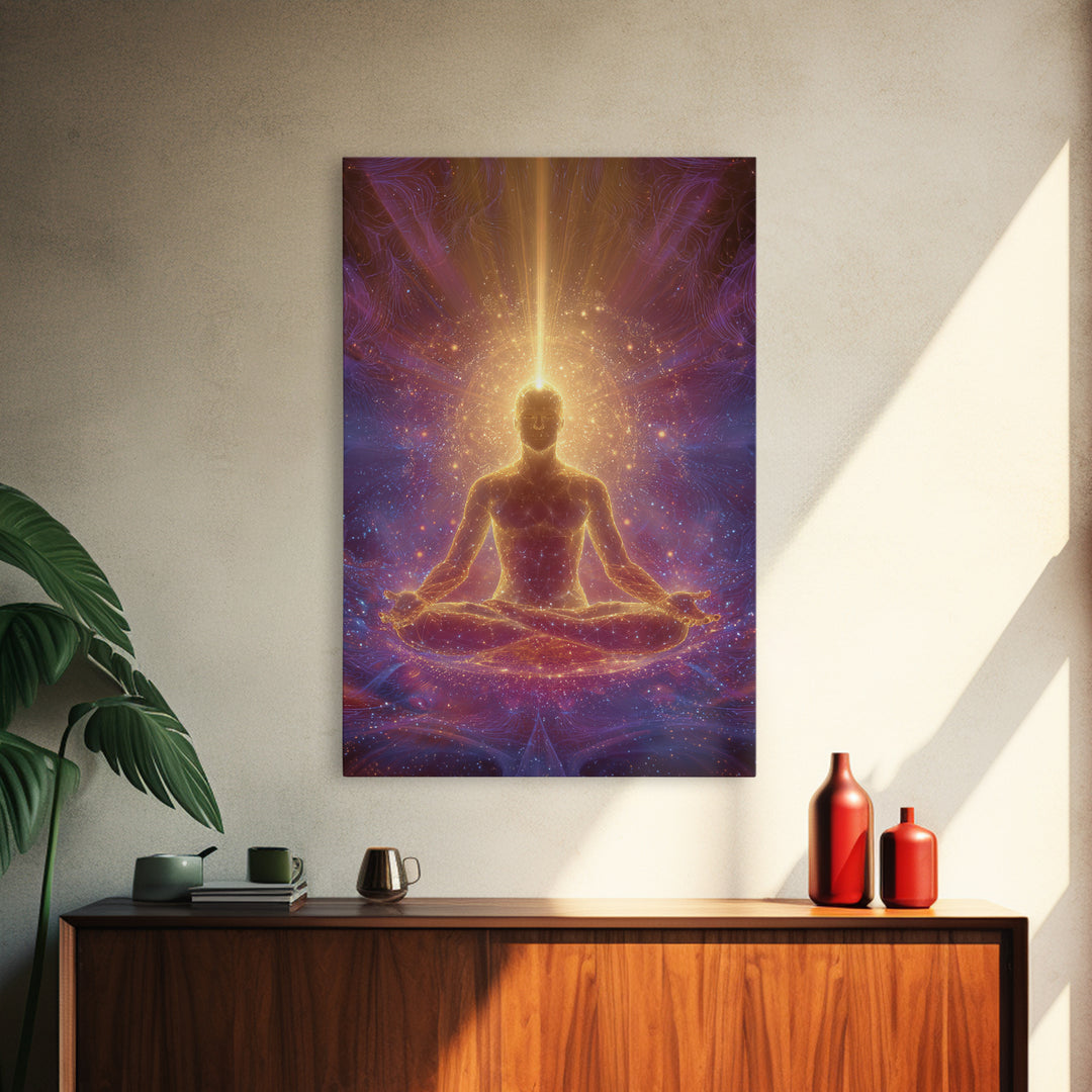 Spiritual Meditation Man Illuminated In Cosmic Energy Glow Wall Art Canvas Print For Mindfulness Home And Yoga