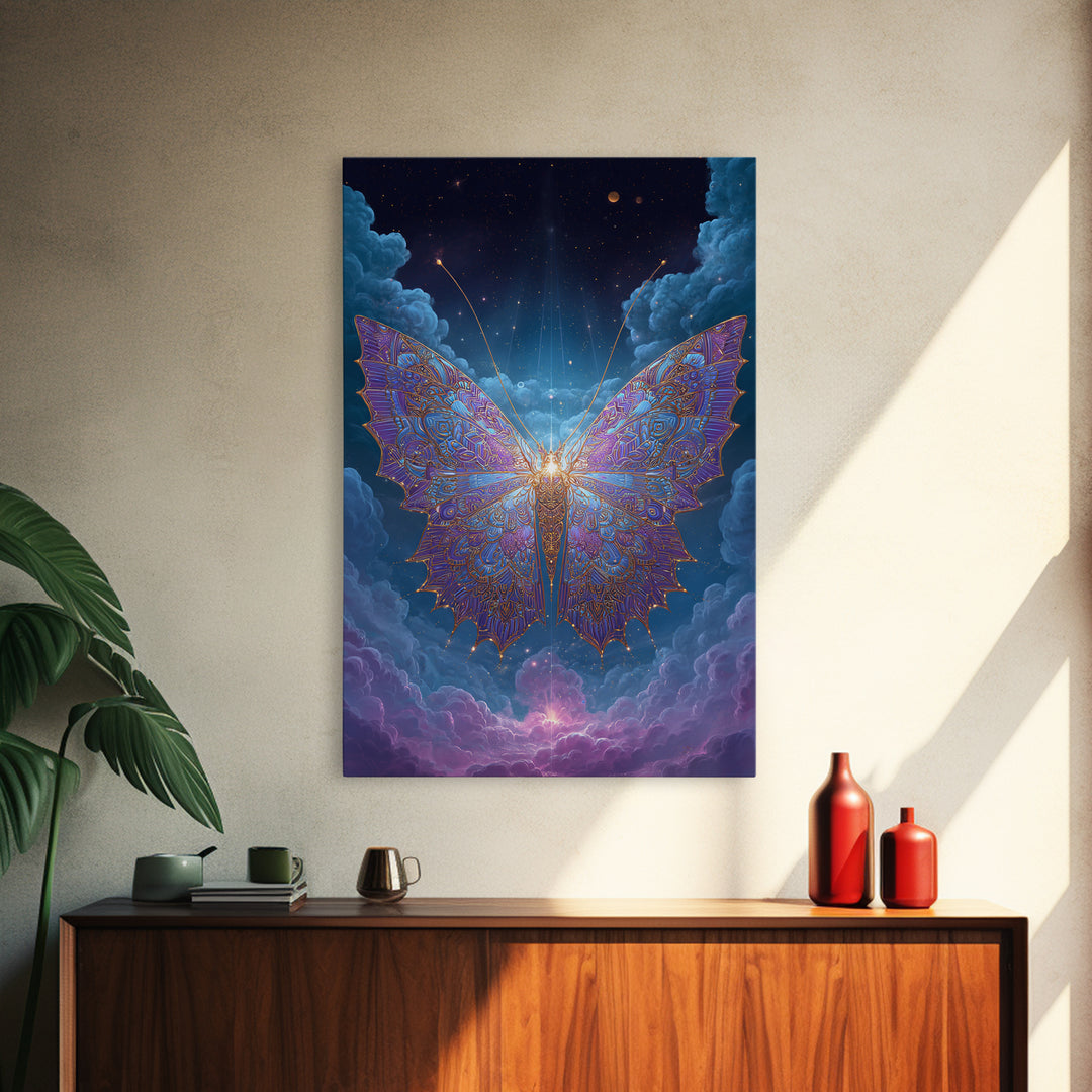 Radiant Celestial Butterfly Framed Canvas Print, Fantasy Insect Wall Art, Mystical Cloud Decor, Ethereal Nursery Gift Idea