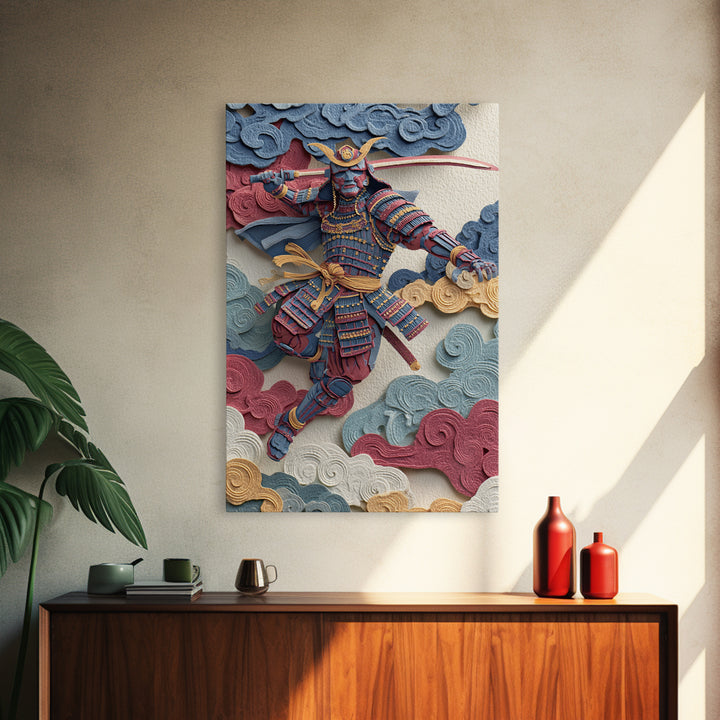 Blue Red Samurai Warrior With Katana Framed Canvas Print, Japanese Wall Art For Martial Arts Decor And Masculine Office Decor