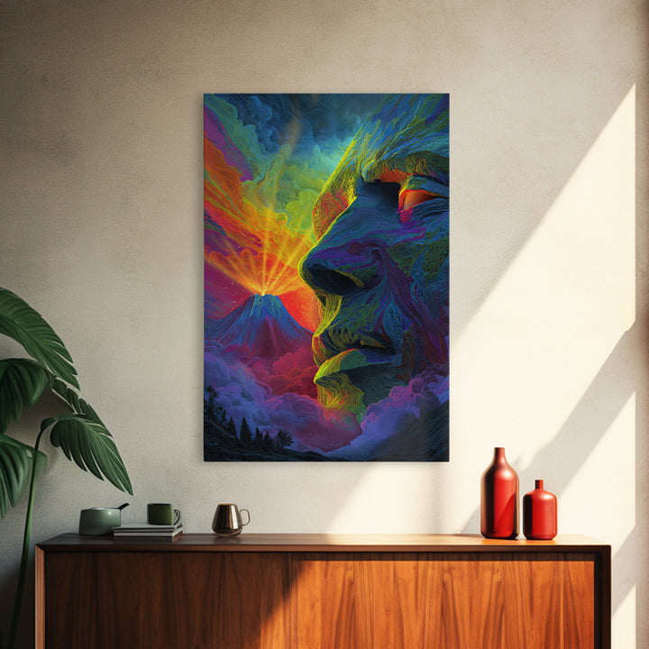 Volcanic Stone Face Dreamscape Wall Art, Surreal Mountain Landscape Print, Psychedelic Fantasy Decor, Statement Poster Gift