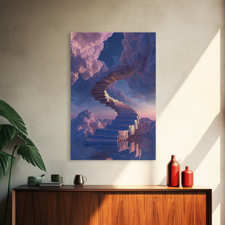 Stairway Through Pink Clouds Framed Canvas Print, Surreal Sky Wall Art, Dreamy Fantasy Decor, Ethereal Home Decor Gift Idea