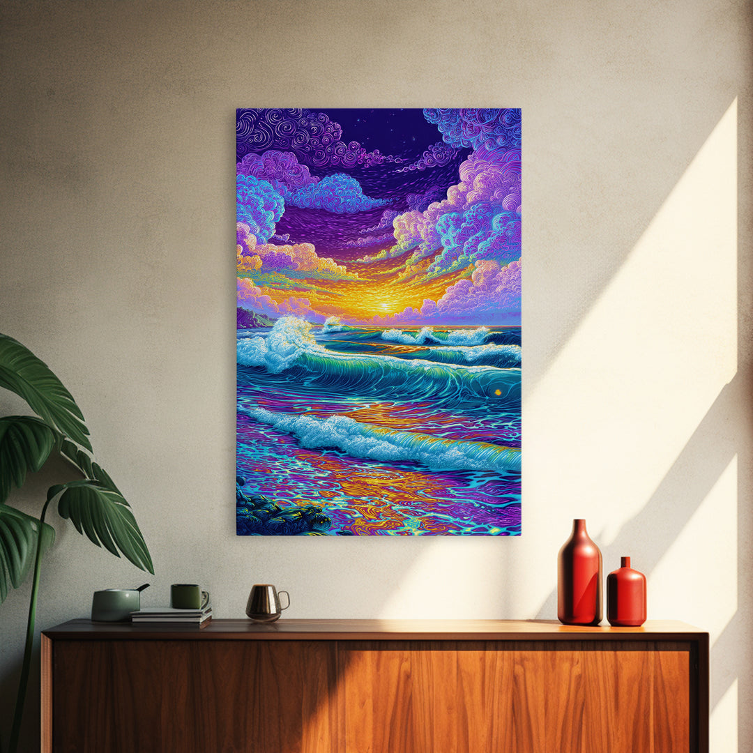 Colorful Ocean Waves Sunset Abstract Seascape Wall Art Canvas Print Bright Relaxing Living Room Decor Modern Coastal Art