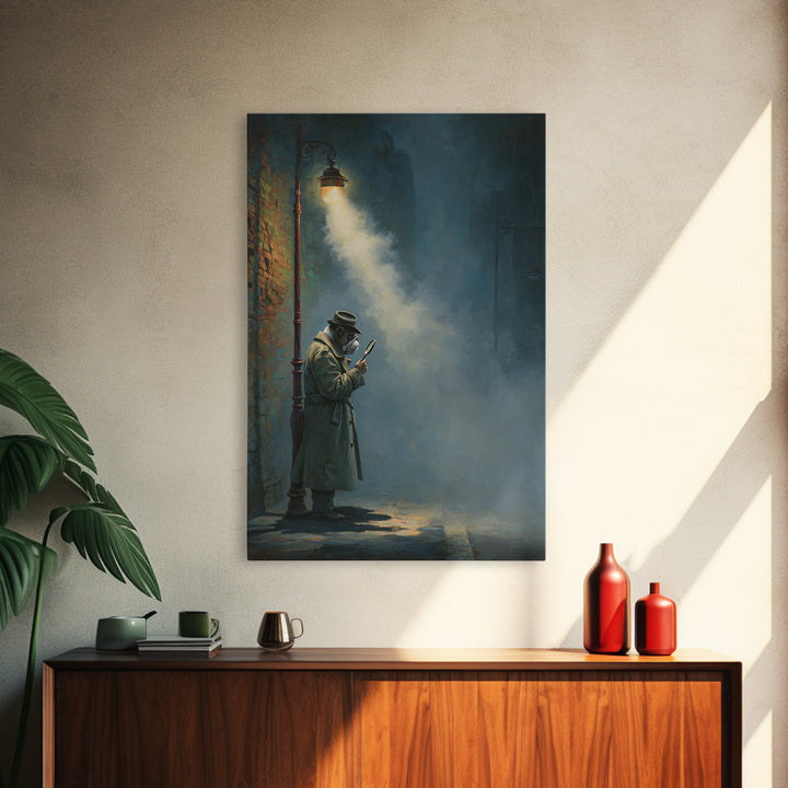 Moody Plague Doctor Under Street Lamp Wall Art, Dark Academia Art Print For Gothic Office Decor And Victorian Wall Decor