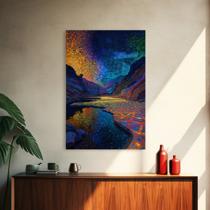 Sacred Geometry Canyon River Wall Art, Flower Of Life Landscape Print, Psychedelic Nature Decor, Meditation Room Wall Art