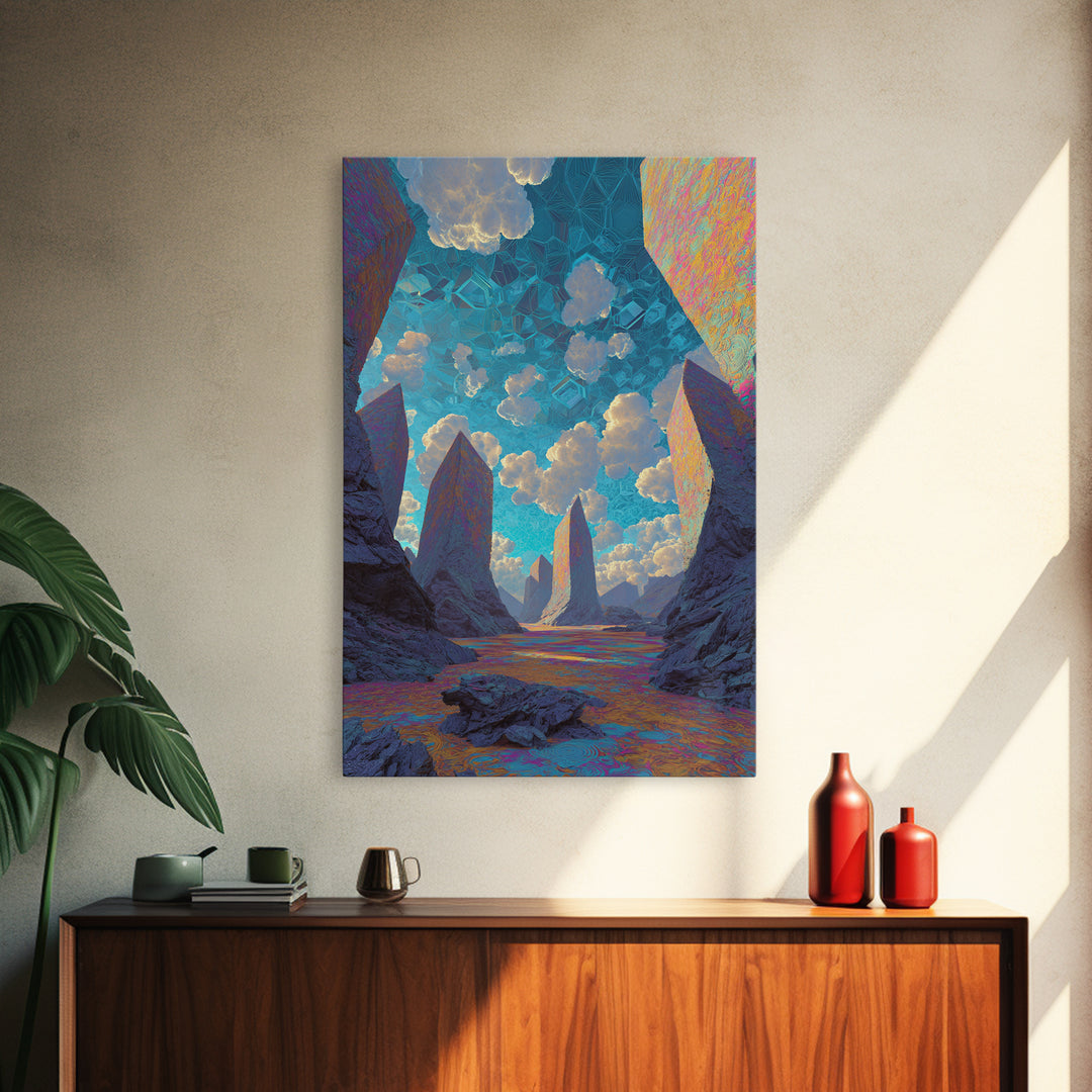 Surreal Crystal Canyon With Floating Clouds Framed Canvas Print, Futuristic Landscape Wall Art, Sci Fi Home Decor, Office Decor