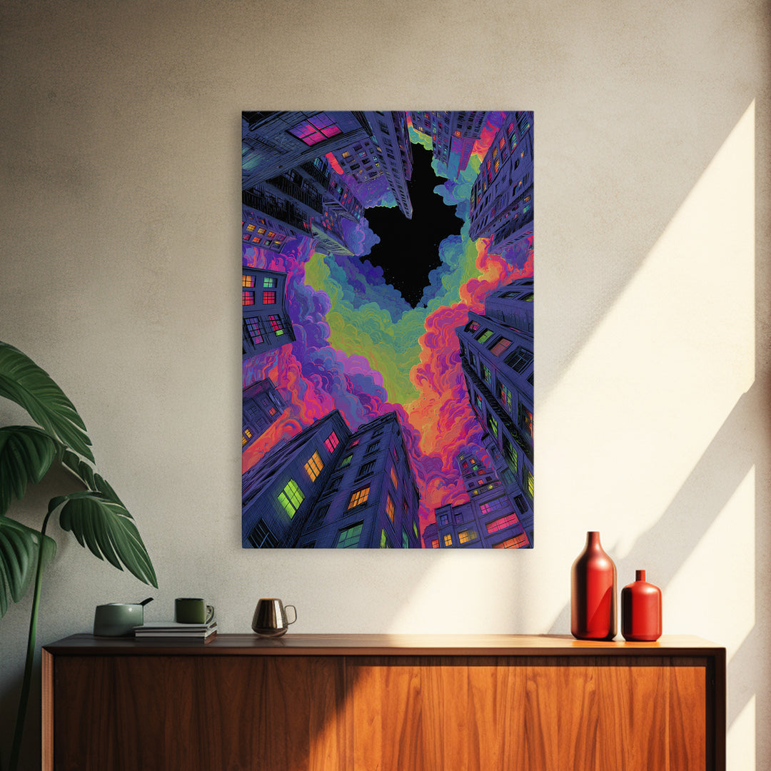 Neon City Skyscrapers Under Rainbow Clouds Wall Art, Urban Pop Art Print, Cyberpunk Decor, Modern Maximalist Living Room Wall Art