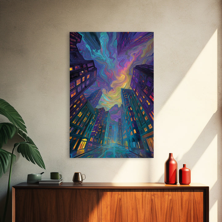 Swirling Neon City Skyline Framed Canvas Print, Psychedelic Urban Wall Art, Modern Apartment Decor, Colorful Living Room Gift
