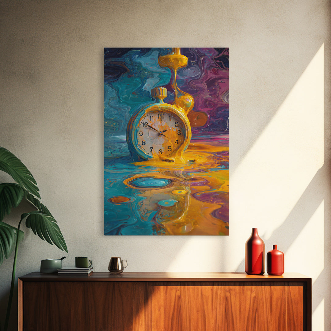 Melting Golden Alarm Clock Canvas Print, Surreal Wall Art, Colorful Abstract Painting, Whimsical Office Decor, Unique Gift